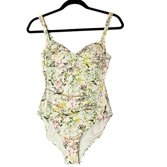 Nip Tuck Floral Ruched One Piece Swimsuit Womens 6 Green White Slimming EUC - Picture 2 of 11